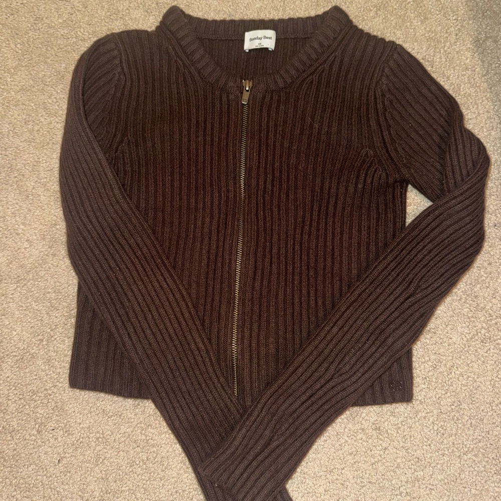 Aritzia Brown Ribbed Zip-Up Sweater